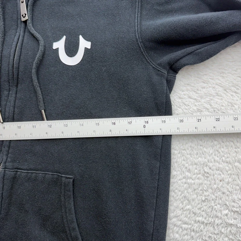True Religion Mens Black Zip Up Hoodie Horseshoe‎ Logo Tape Sleeve Sweatshirt S